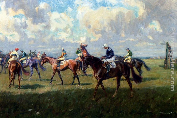 Lord Woolavington's Montrose And Lord Derby's Highlander At The Start Of The Free Handicap At Newmarket, April 6, 1933 painting - Lionel Edwards Lord Woolavington's Montrose And Lord Derby's Highlander At The Start Of The Free Handicap At Newmarket, April 6, 1933 art painting